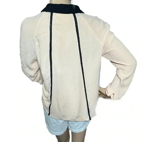 ZARA Pale Pink Peasant Blouse Black Collar Key Hole Detail Long Sleeve Medium - Picture 4 of 10